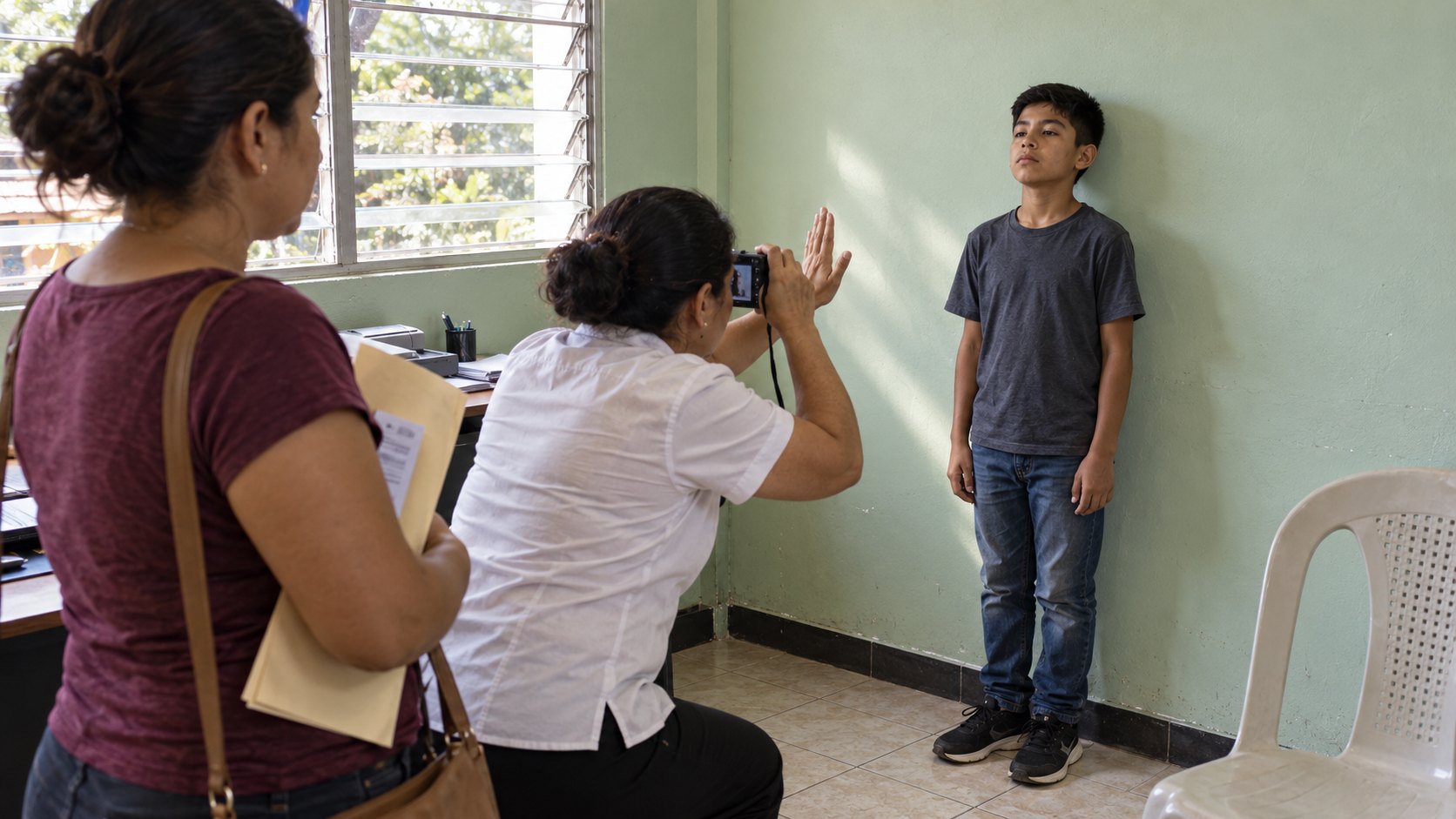 Adolescente posando para la fotografía de su carné de minoridad en una alcaldía de El Salvador mientras su madre espera con los papeles