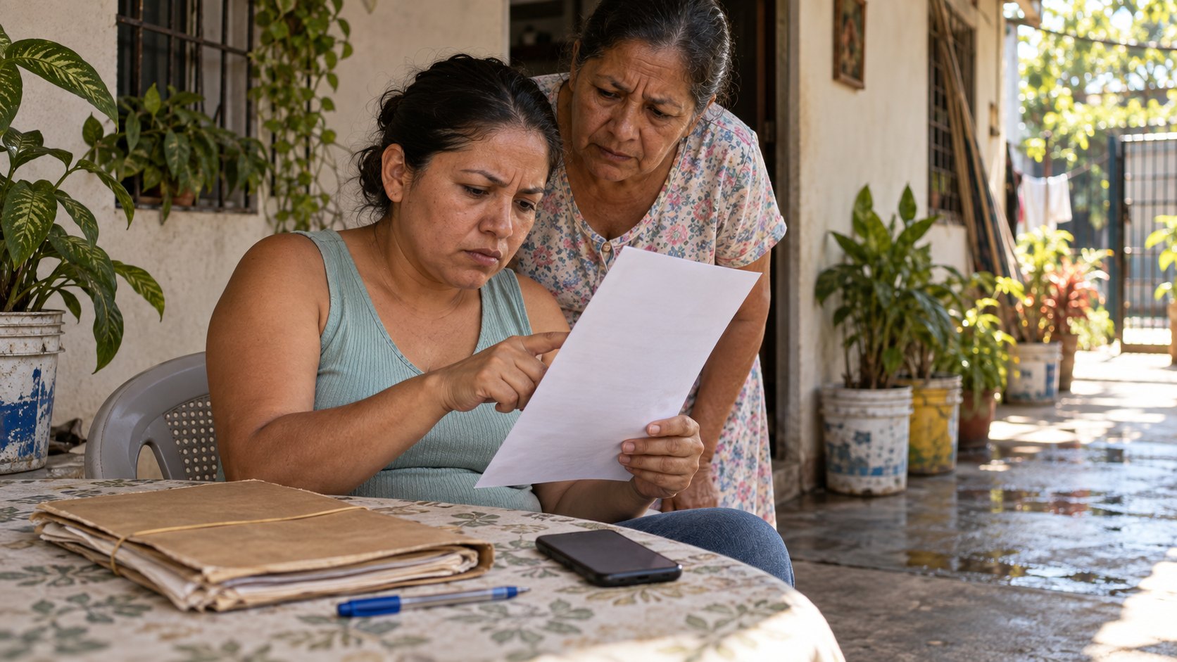 Mujer salvadoreña revisa con el dedo el margen de una certificación de partida de matrimonio en el corredor de su casa en El Salvador