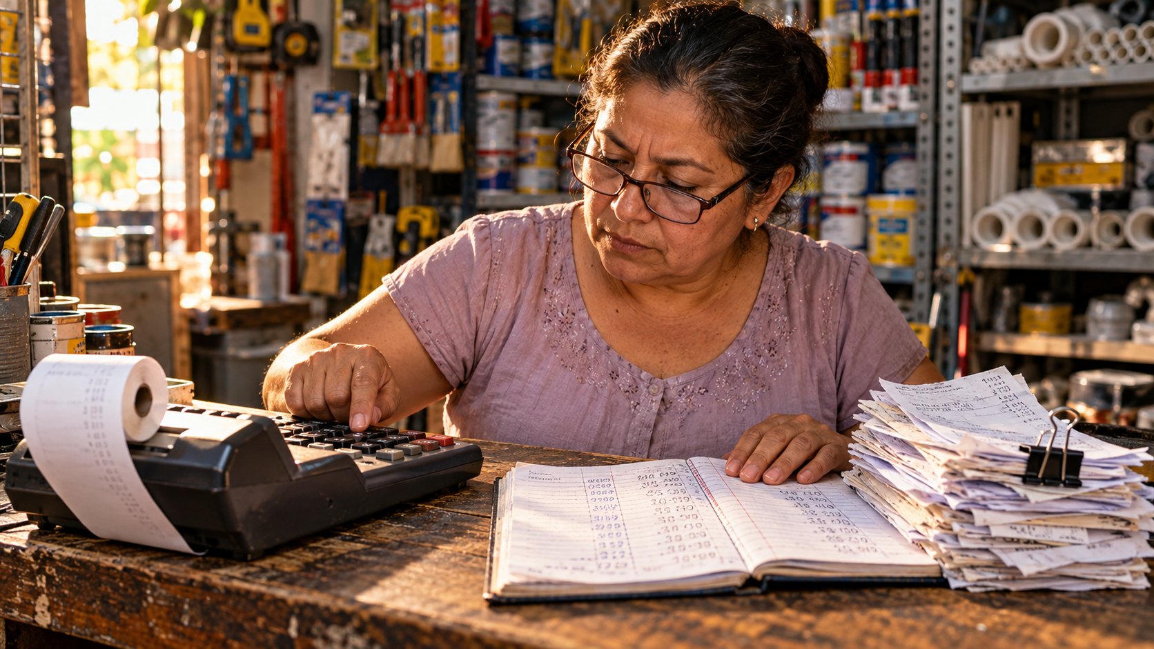 Dueña de una ferretería de El Salvador calcula el IVA del mes con una calculadora junto a sus comprobantes de crédito fiscal
