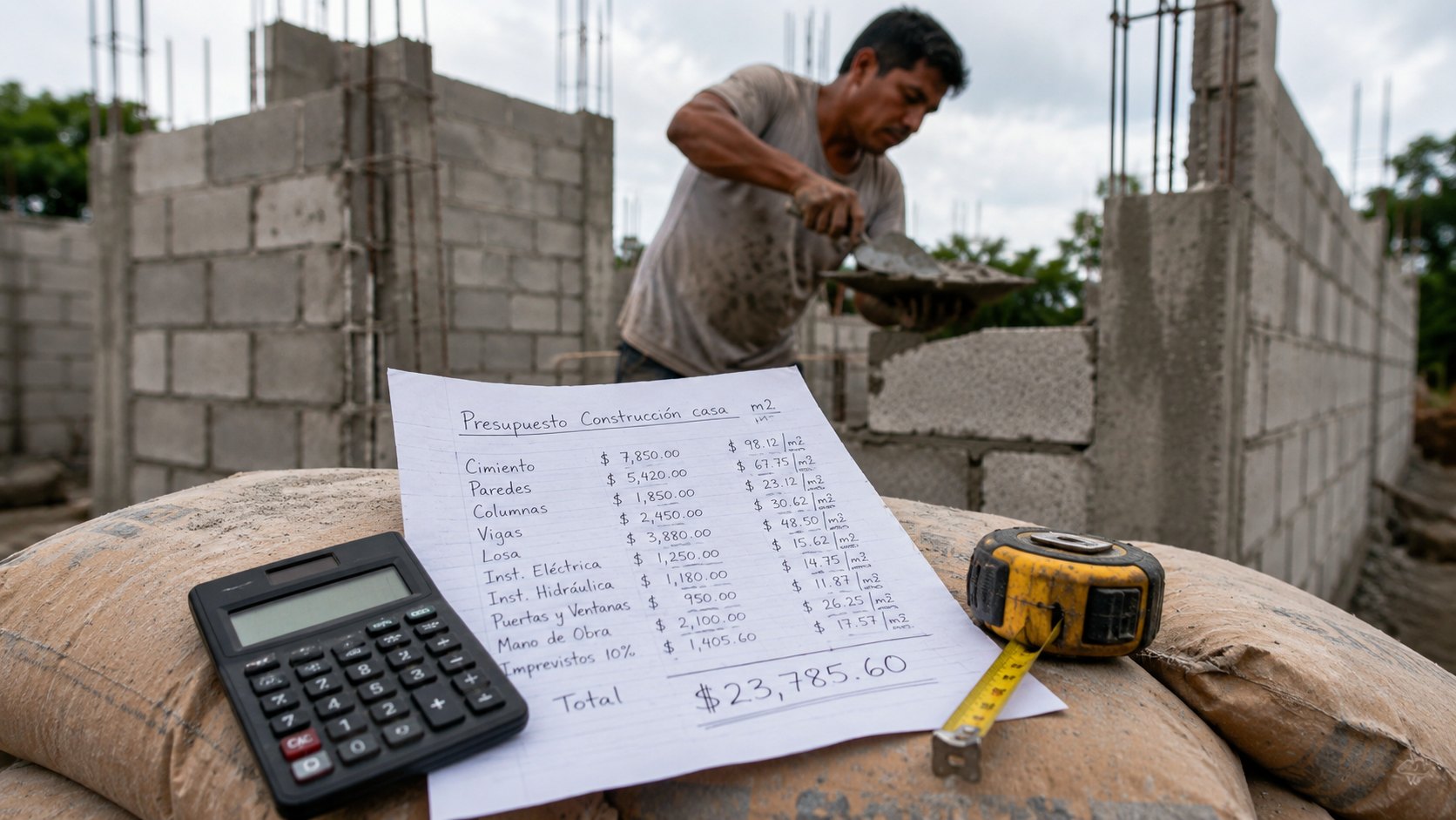 Presupuesto escrito a mano con cifras en dólares y calculadora sobre sacos de cemento en una casa en construcción en El Salvador