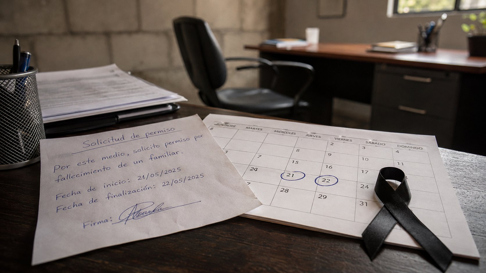Solicitud de licencia por duelo sobre un calendario con dos días marcados en una oficina de El Salvador