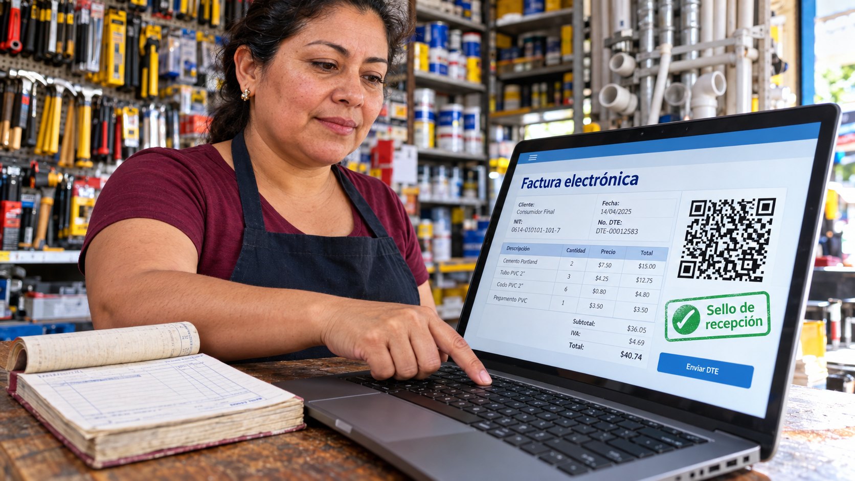 Comerciante de El Salvador emite una factura electrónica DTE desde su computadora en una ferretería