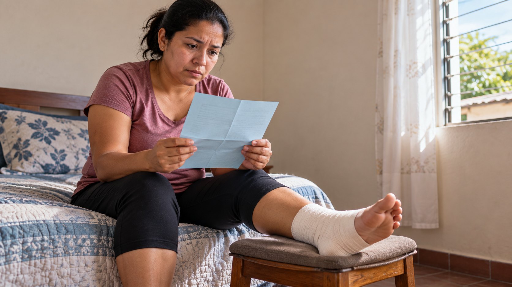 Mujer con el tobillo vendado sosteniendo la hoja de incapacidad del ISSS en El Salvador
