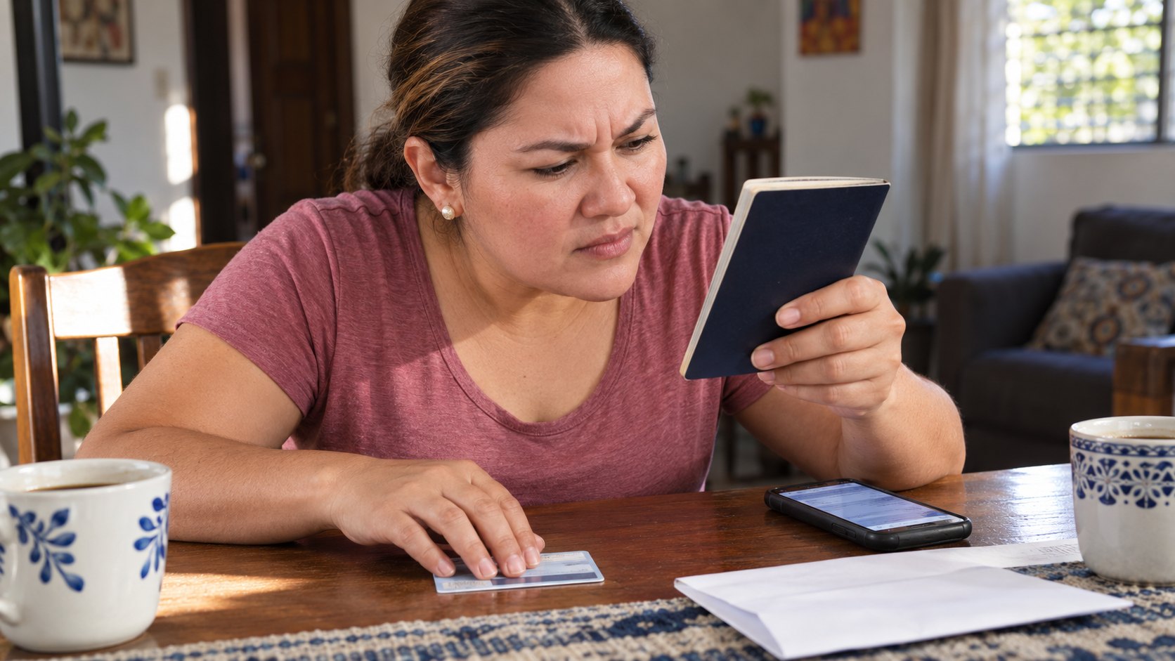 Mujer salvadoreña sostiene un pasaporte de El Salvador cerrado y comprueba la fecha de caducidad de sus documentos sobre la mesa de su casa