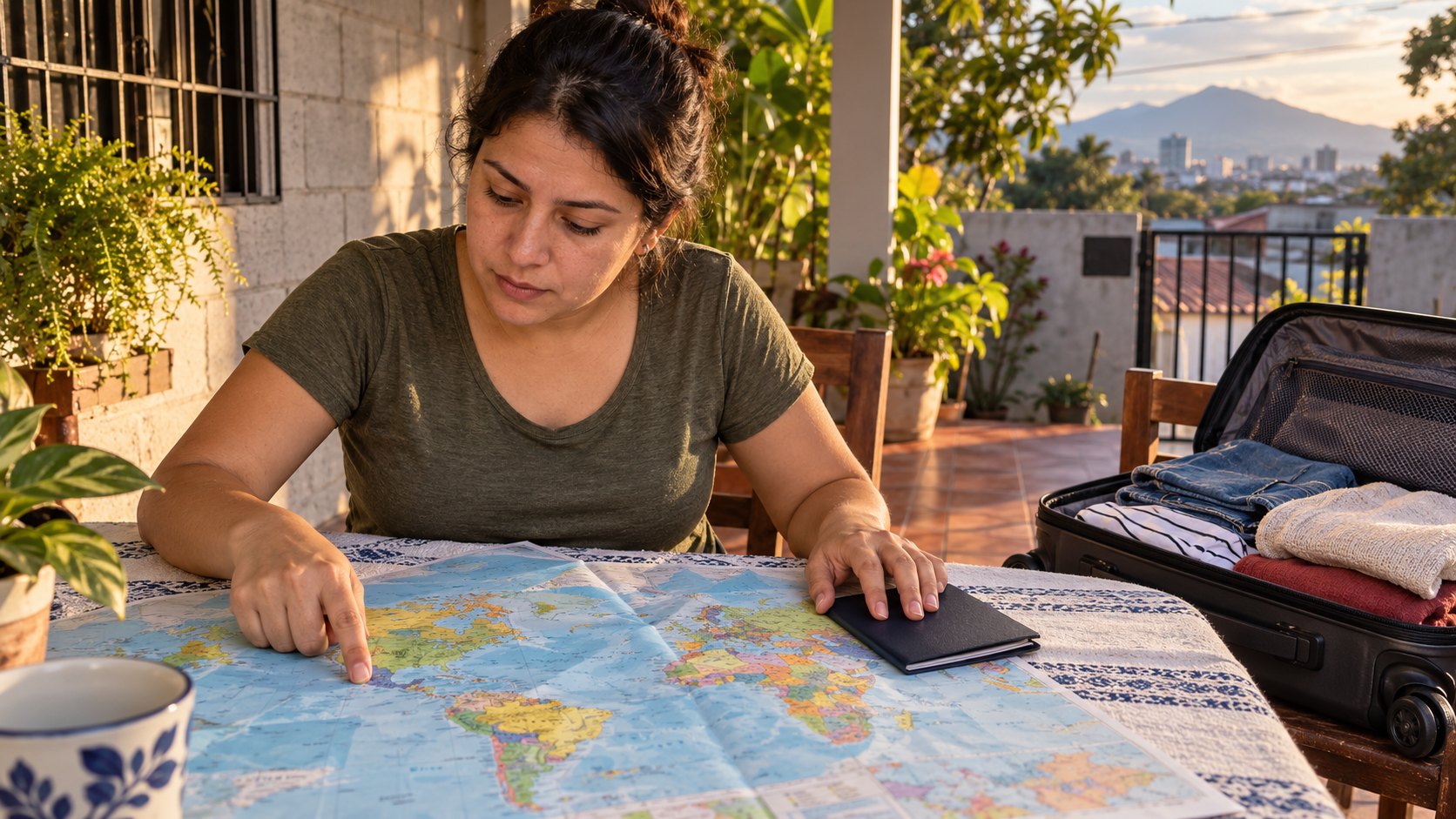 Mujer salvadoreña señalando países en un mapa del mundo de papel junto a su pasaporte cerrado y una maleta a medio hacer en una casa de El Salvador