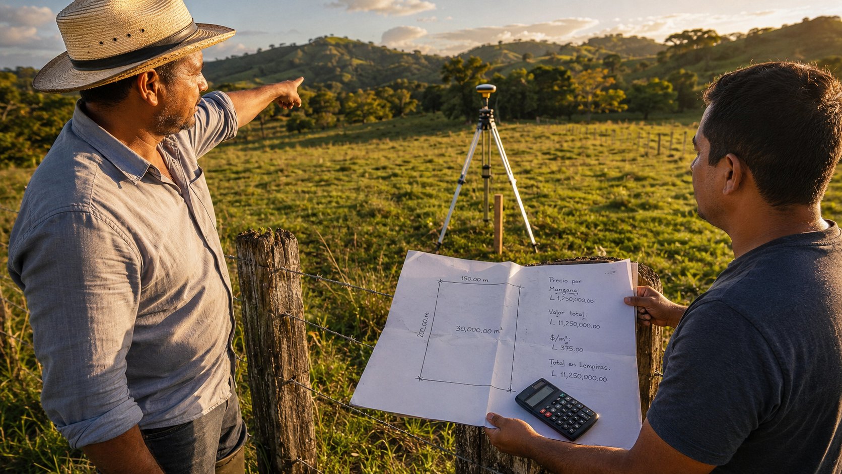 Comprador y vendedor revisan el plano y las cifras en lempiras de una finca ganadera en Honduras, con trípode de topógrafo en el lindero