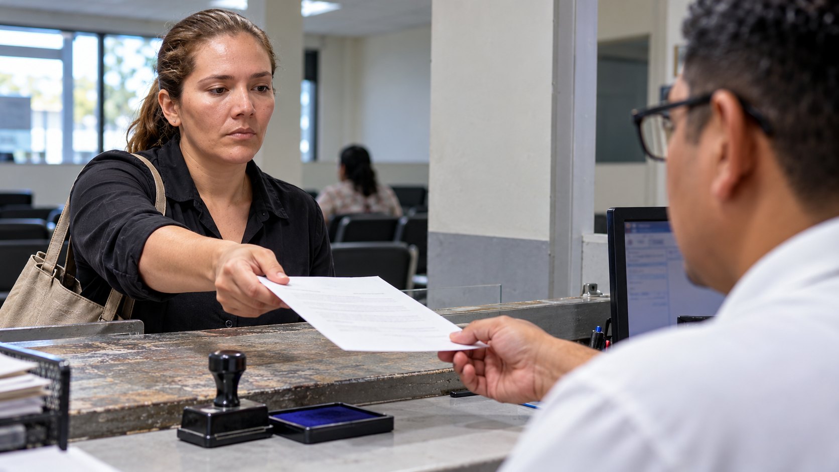 Mujer entregando su carta de renuncia en una ventanilla en El Salvador
