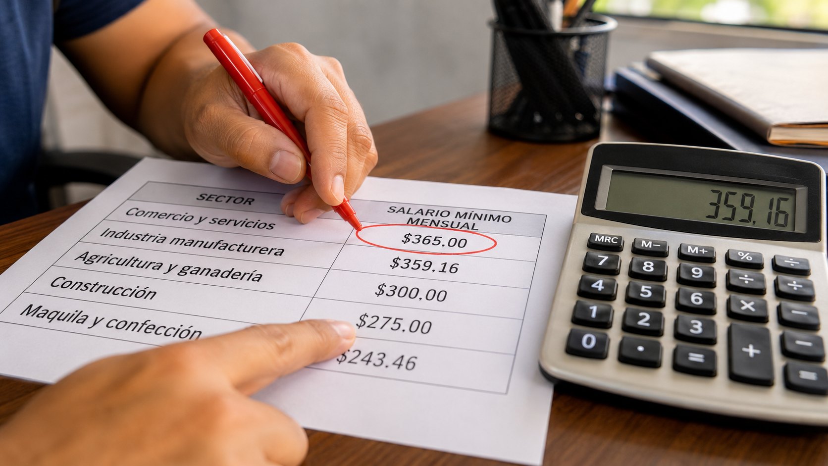 Tabla impresa de salarios mínimos por sector en El Salvador junto a una calculadora sobre un escritorio de planilla